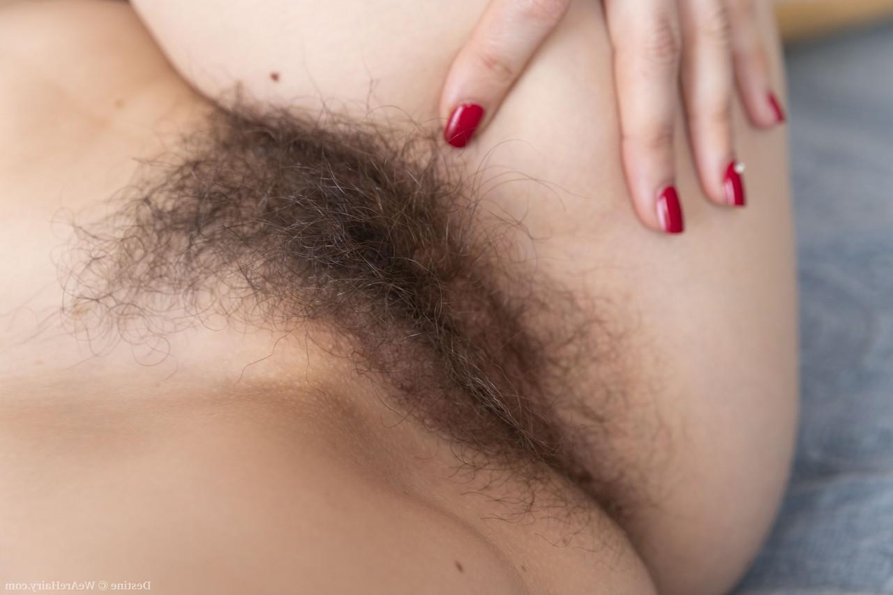 20P Destine, grande brune amateur, frotte doucement son vagin super poilu.