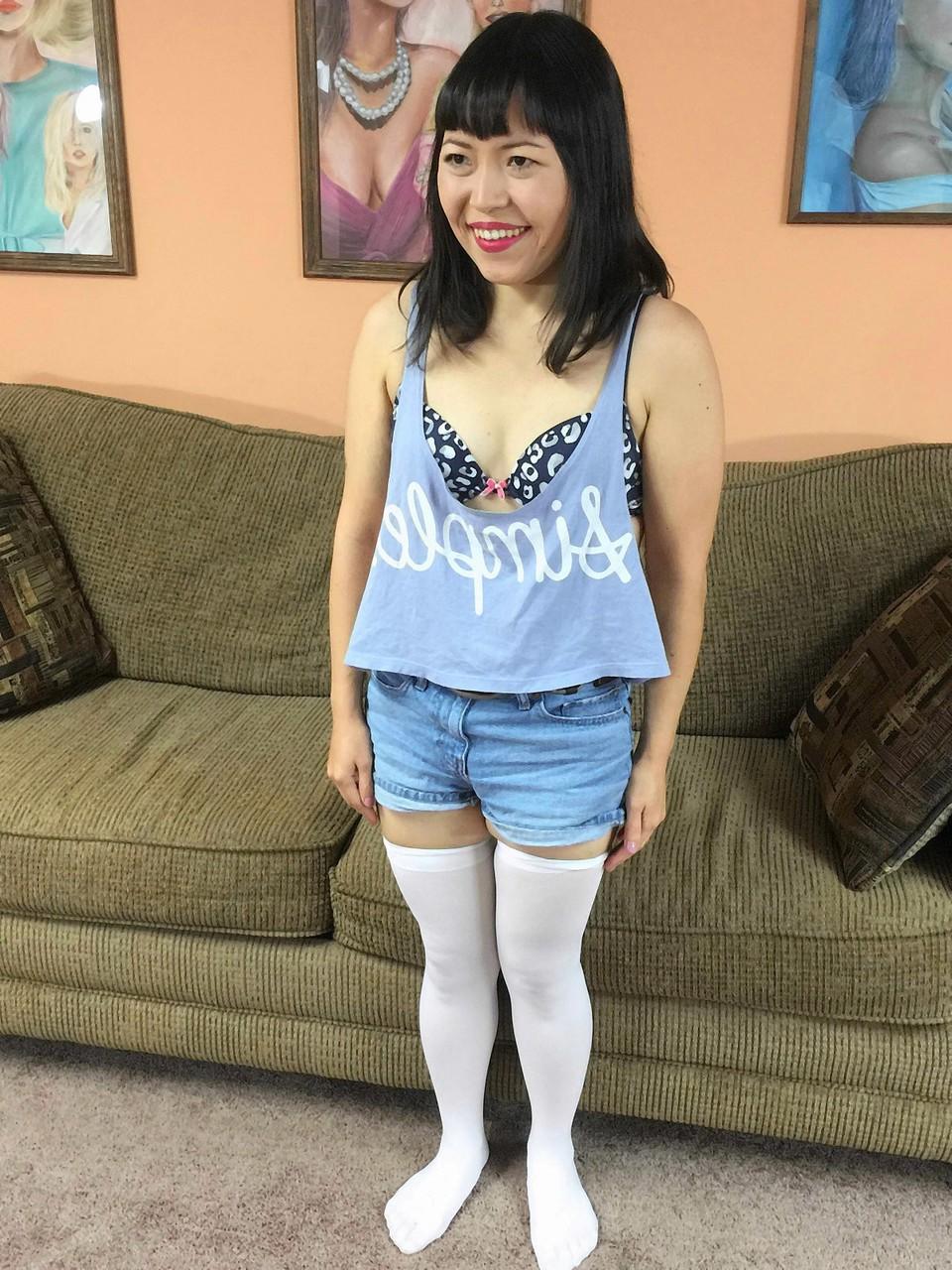 20P Asian babe Yuka Ozaki strips down to her stockings & gives a POV blowjob