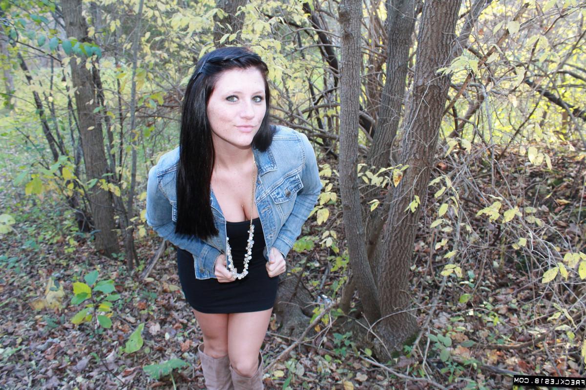 12P Erotic amateur Freckles teases in the woods wearing a white thong and boots