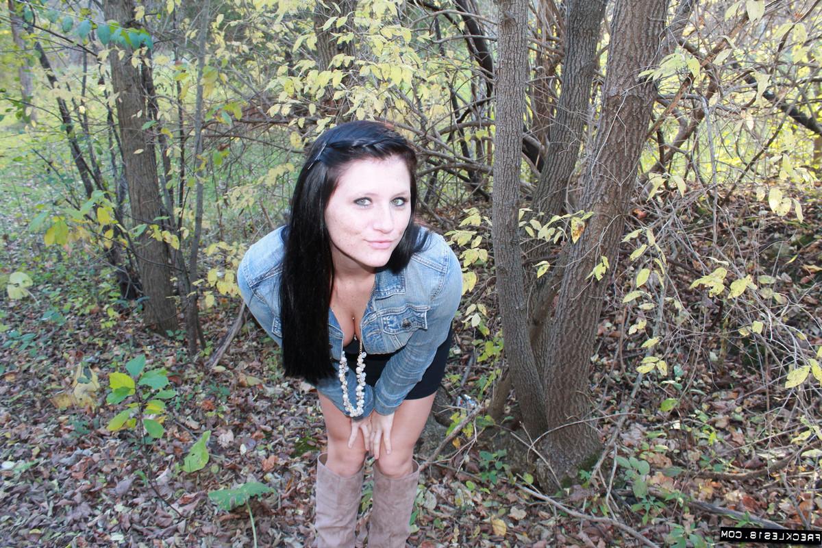 12P Erotic amateur Freckles teases in the woods wearing a white thong and boots