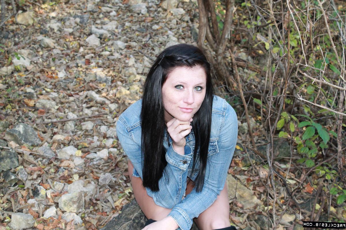 12P Erotic amateur Freckles teases in the woods wearing a white thong and boots