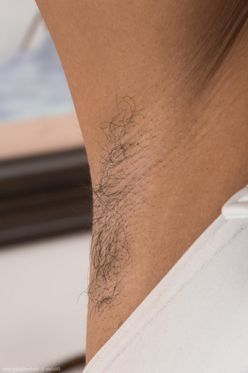20P A linda ébano Divine mostra suas axilas peludas e espalha seu arbusto peludo
