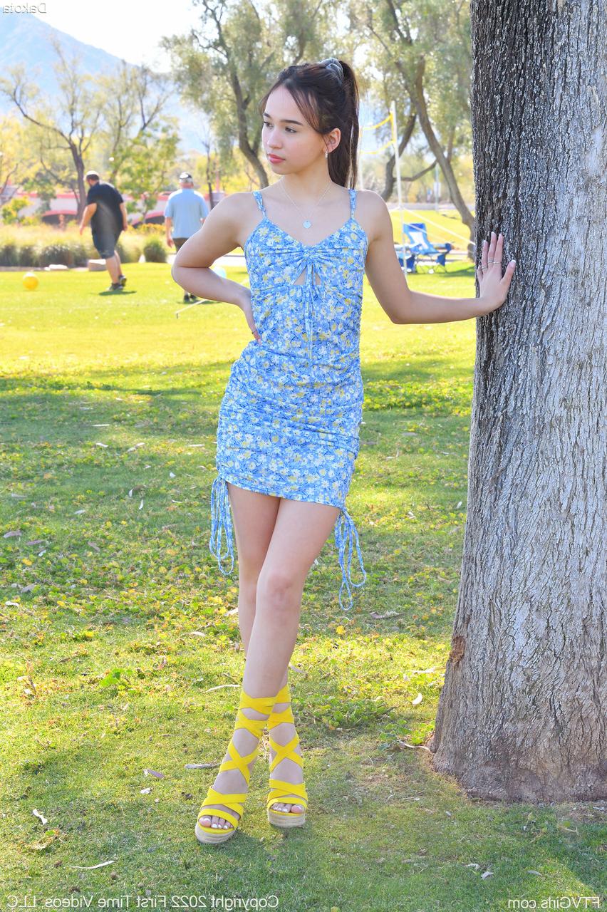 20P Pretty babe Dakota masturbates after showing her petite naked body in public
