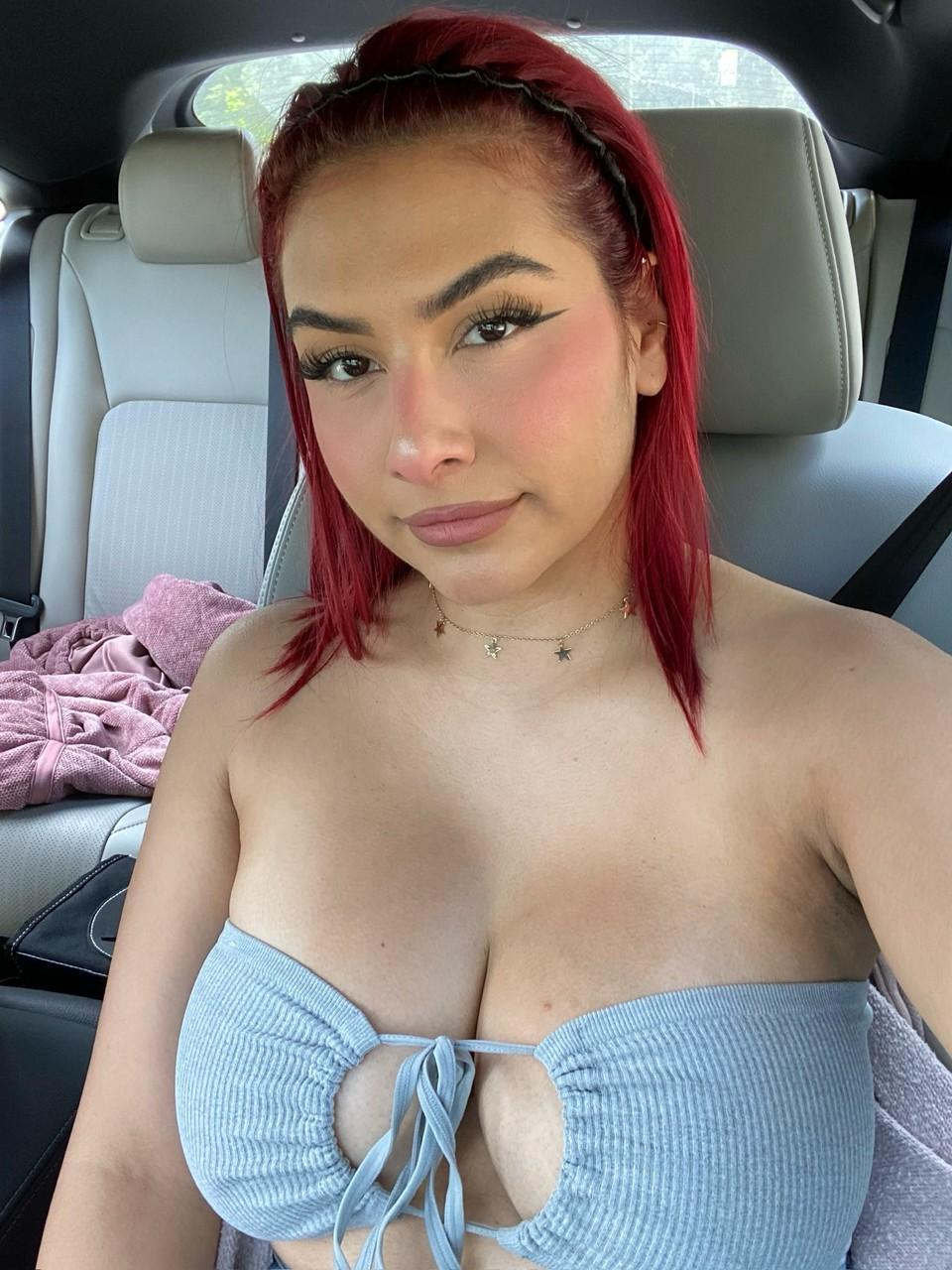 15P Busty babe Angel takes nudes showing her big boobs & her shaved pussy