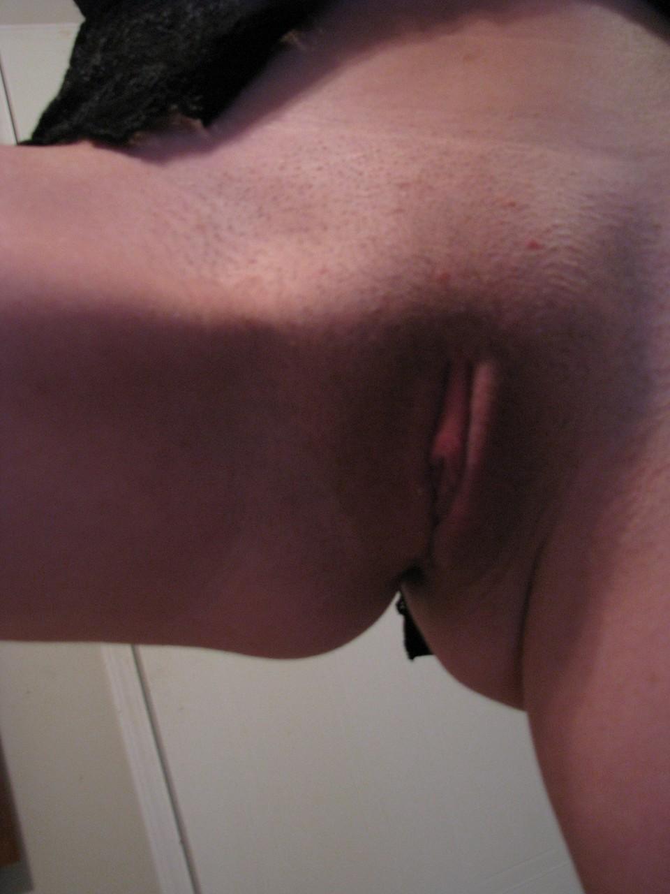 20P Teen in black lingerie shows her small tits & her shaved pussy up close