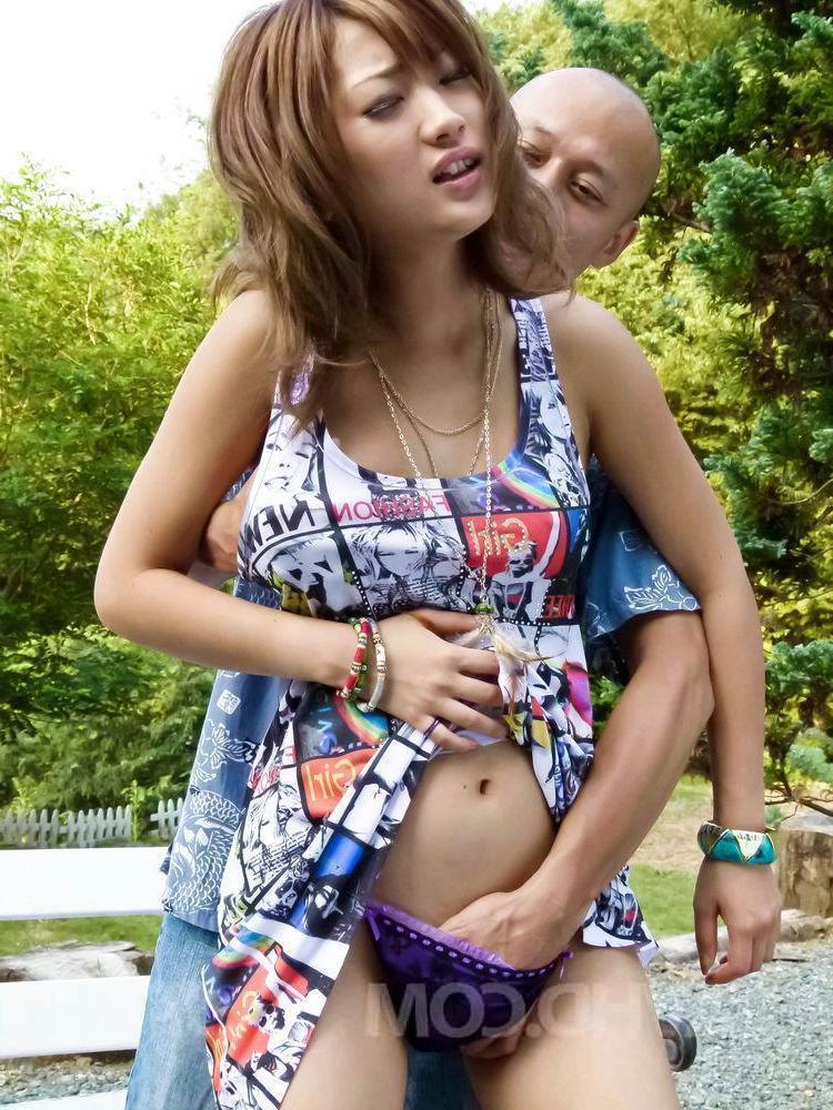 15P Japanese girl Aika is left with a creampie after sex on a bench in a garden