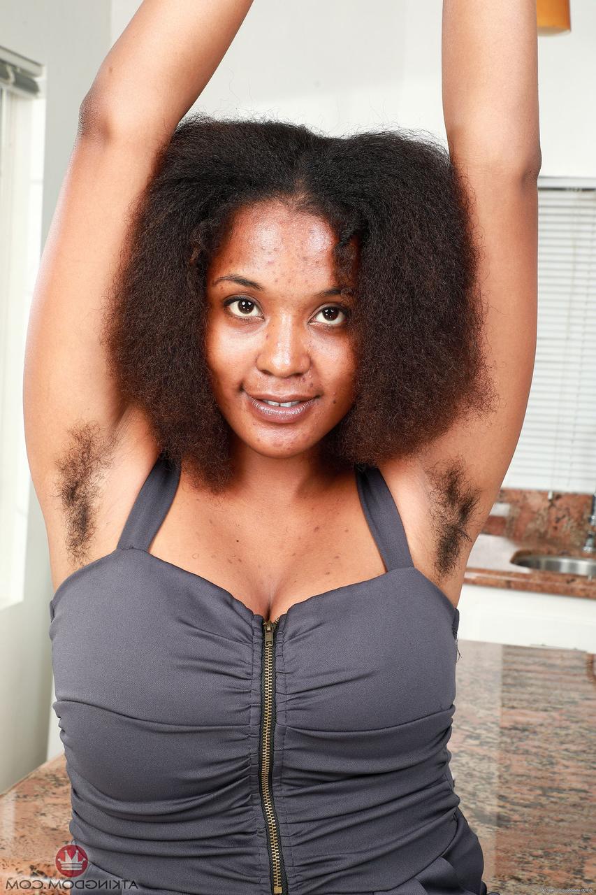 20P Ebony Panreece unveils and squeezes her big tits and spreads her bushy cunt