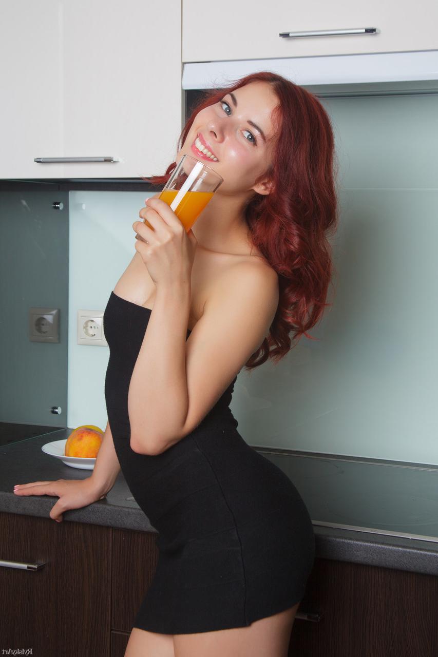 20P Redheaded Belarusian babe Pearl Ami strips her dress & poses naked