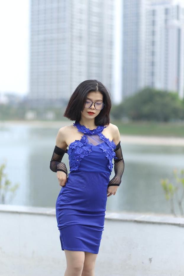 20P Glamorous Asian babe Irena posing in her elegant blue dress outside