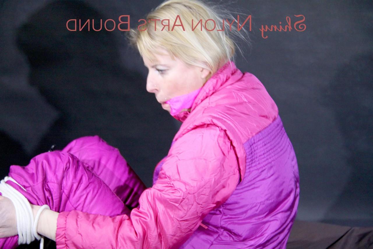 16P Blonde girl is left on a mattress in nylon attire while gagged and restrained