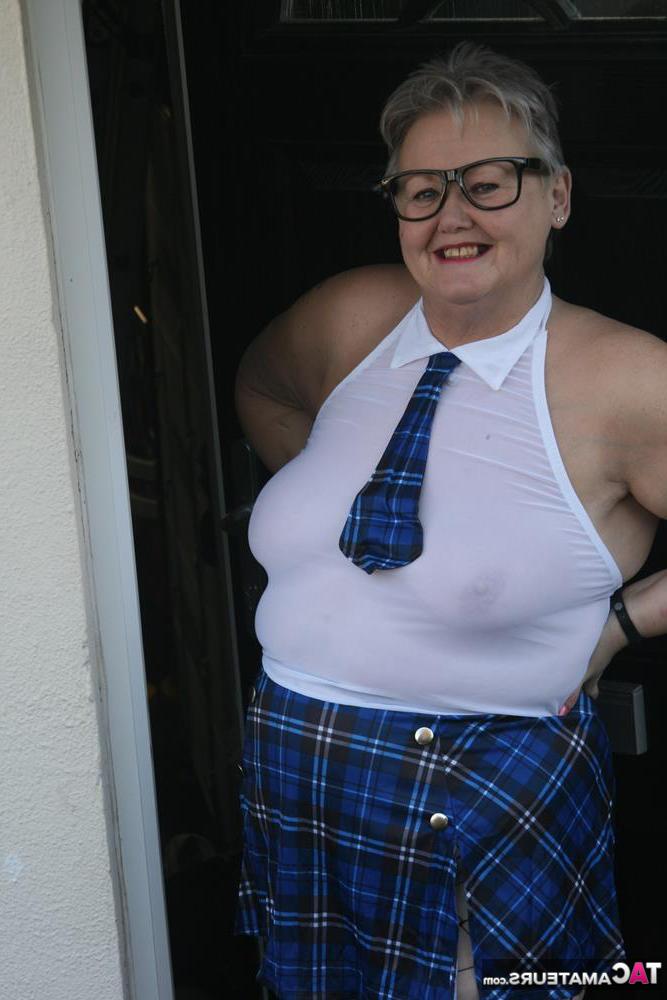 20P Fat granny Valgasmic Exposed steps outside in slutty schoolgirl clothing