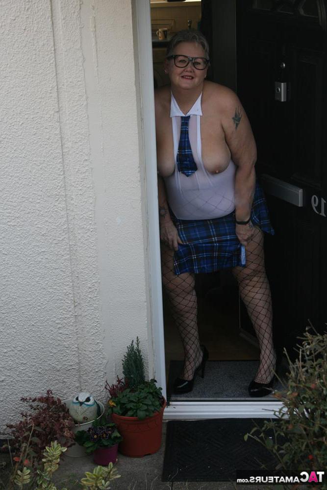 20P Fat granny Valgasmic Exposed steps outside in slutty schoolgirl clothing