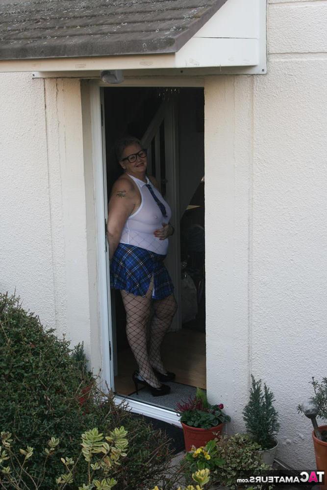 20P Fat granny Valgasmic Exposed steps outside in slutty schoolgirl clothing