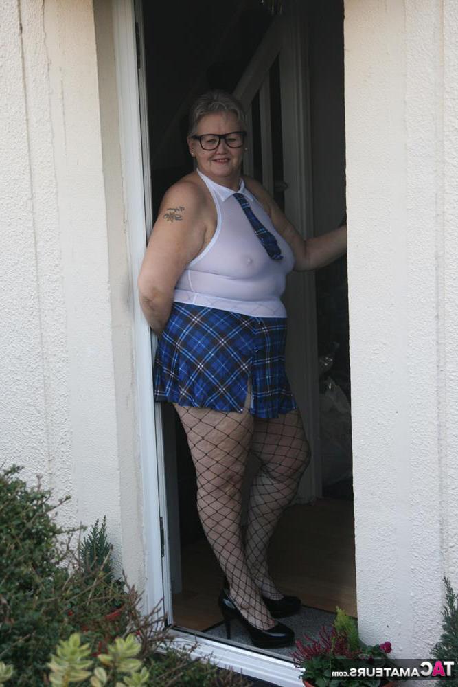 20P Fat granny Valgasmic Exposed steps outside in slutty schoolgirl clothing