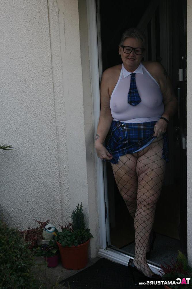20P Fat granny Valgasmic Exposed steps outside in slutty schoolgirl clothing