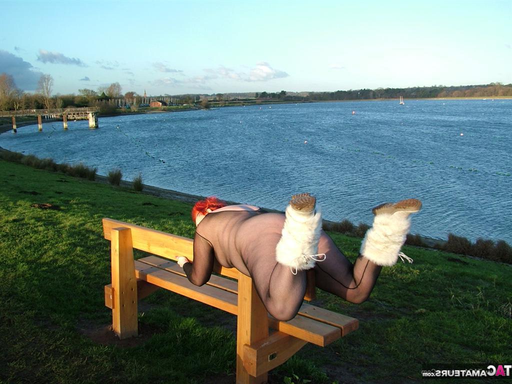20P Redhead Valgasmic Exposed plays with a toy in a park in a crotchless stocking