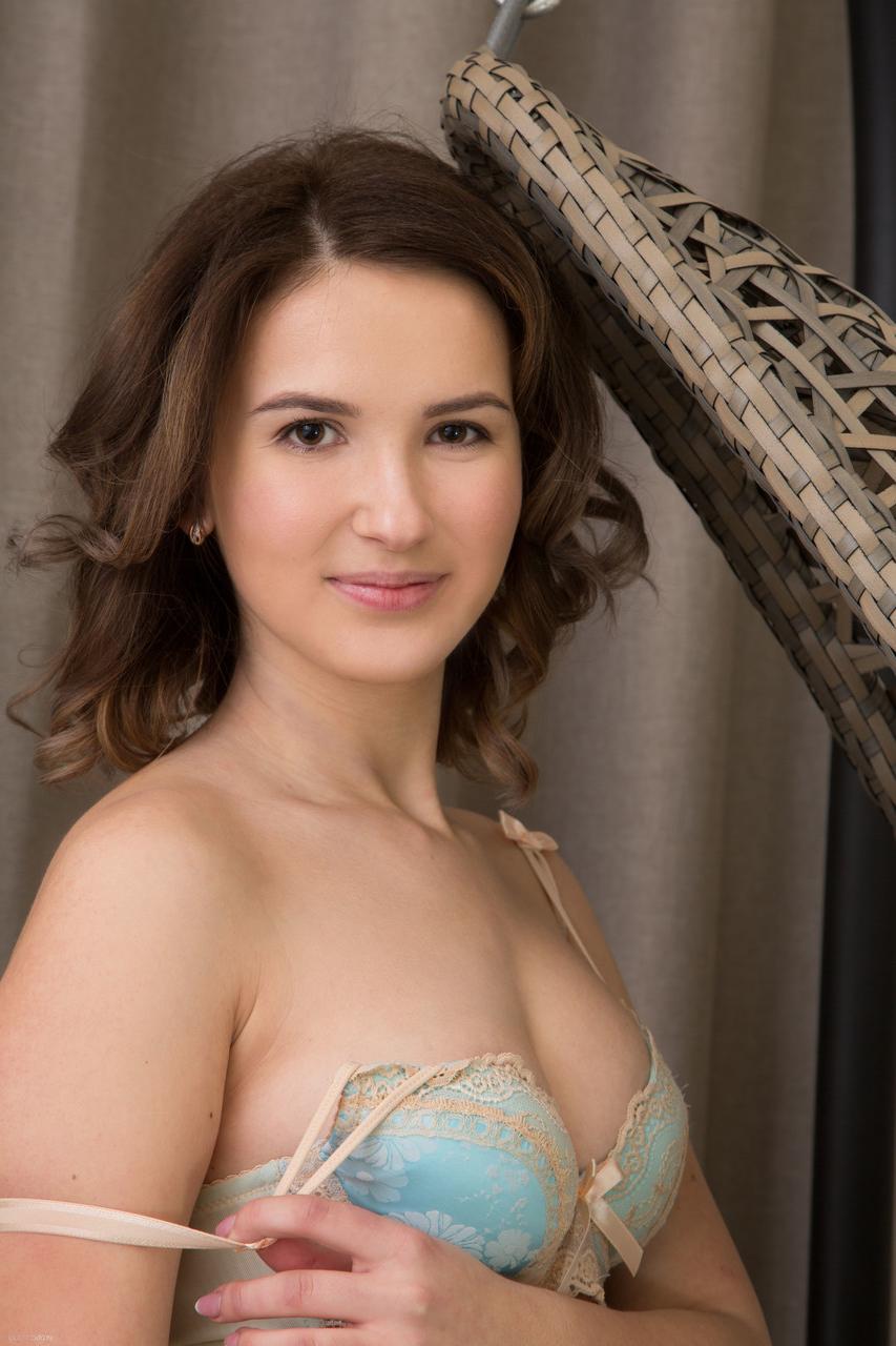 20P Brunette with small breasts Anata reveals her hairy twat and poses nude