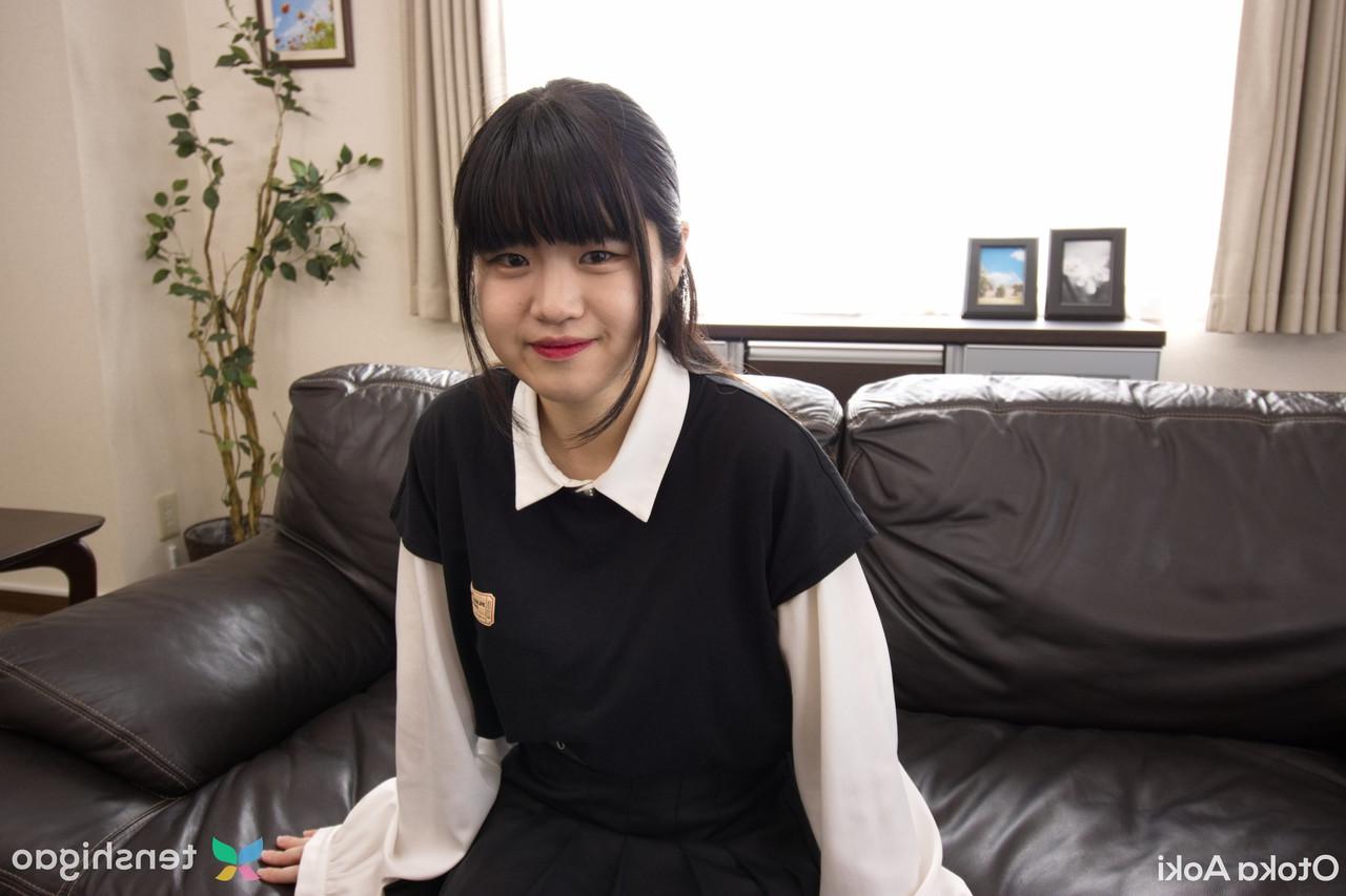 15P Japanese coed Otoka Aoki slides her underwear aside to show her vagina