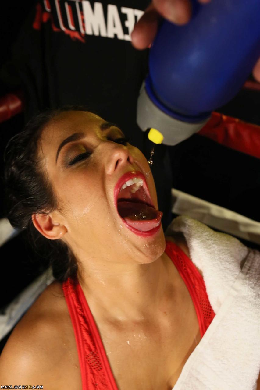 20P Brunette chicks Eva Lovia & Peta Jensen have a 3some with ref after a MMA fght