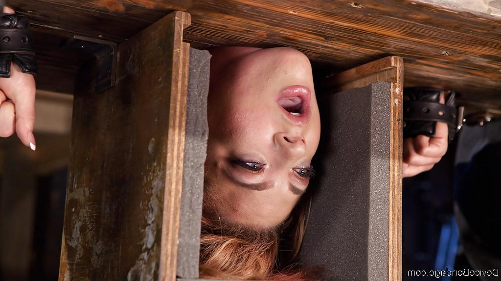 16P Das tätowierte Model Dahlia Sky hing kopfüber mit dem Kopf in einer Fesselbox