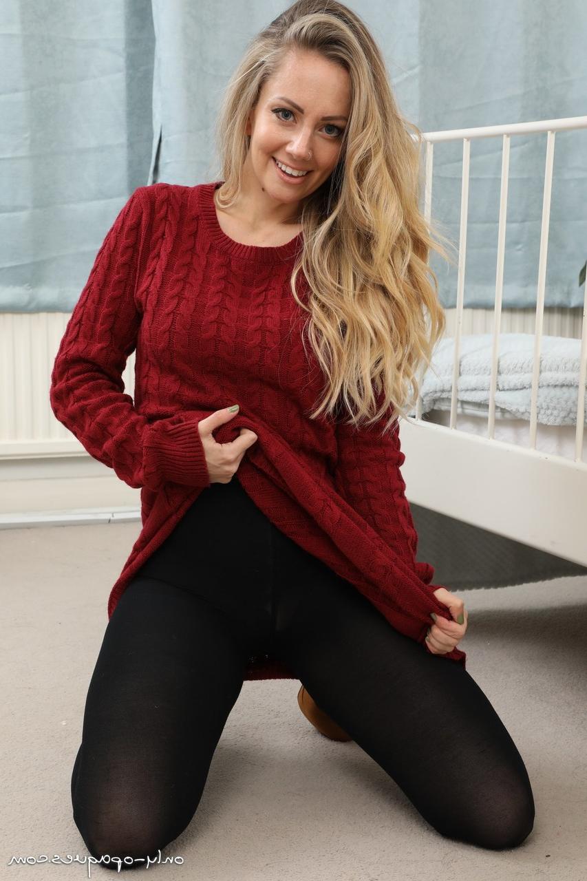 16P Beautiful blonde Suzi goes topless while wearing dark pantyhose
