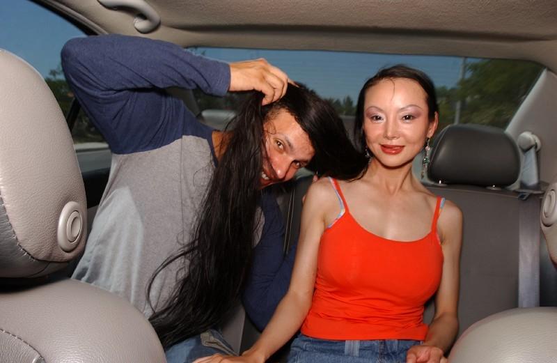 16P Slutty asian MILF Ange Venus gets talked into blowjob on the back seat