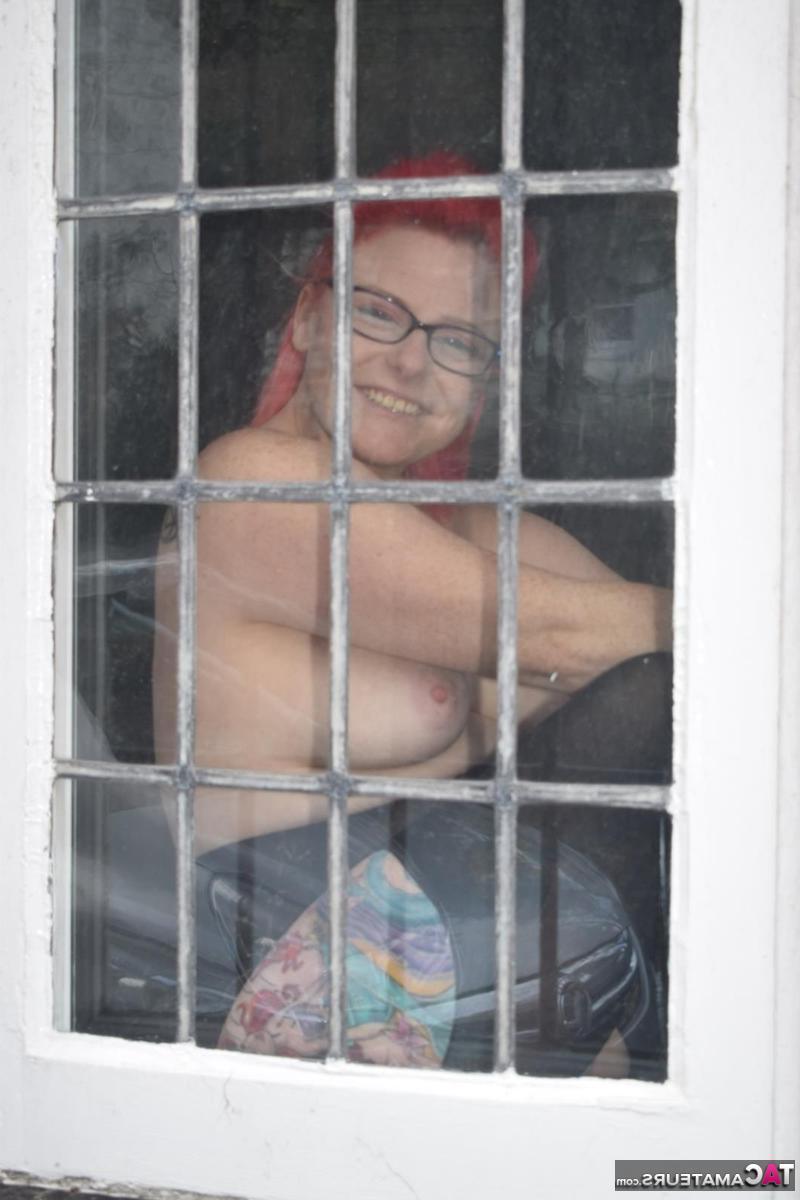 16P Overweight redhead gets naked while wearing glasses and crotchless pantyhose