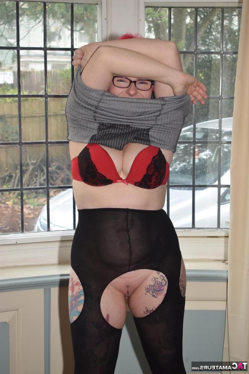 16P Overweight redhead gets naked while wearing glasses and crotchless pantyhose