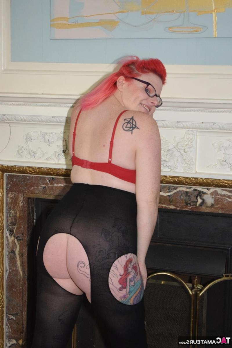 16P Overweight redhead gets naked while wearing glasses and crotchless pantyhose
