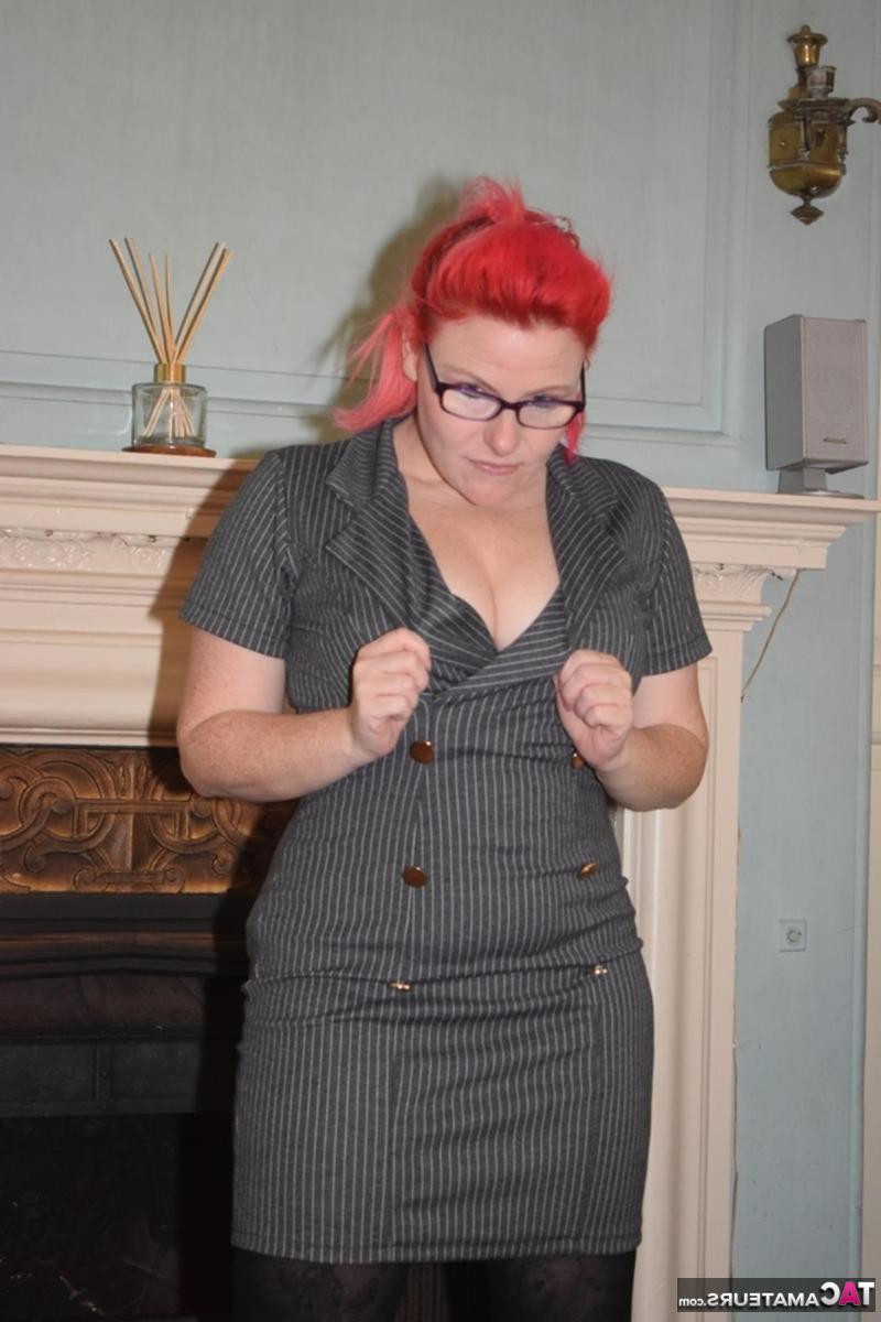 16P Overweight redhead gets naked while wearing glasses and crotchless pantyhose