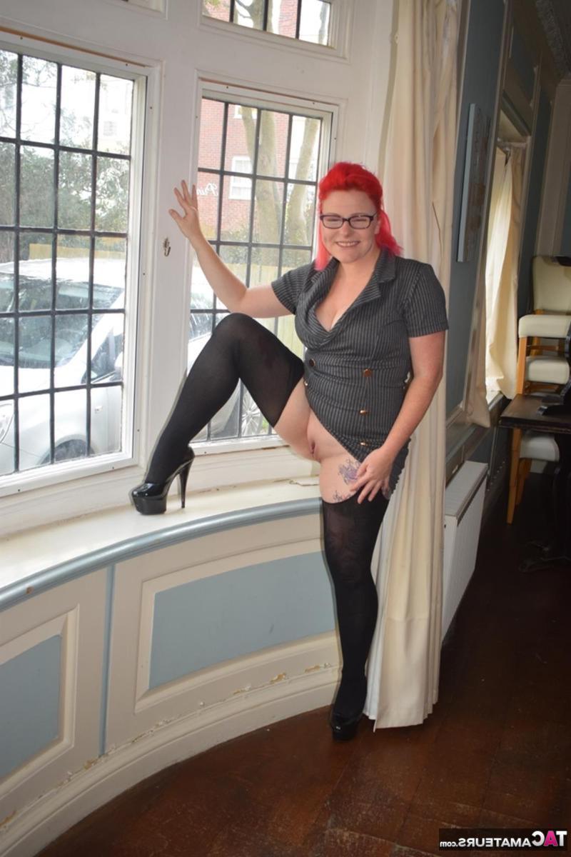 16P Overweight redhead gets naked while wearing glasses and crotchless pantyhose