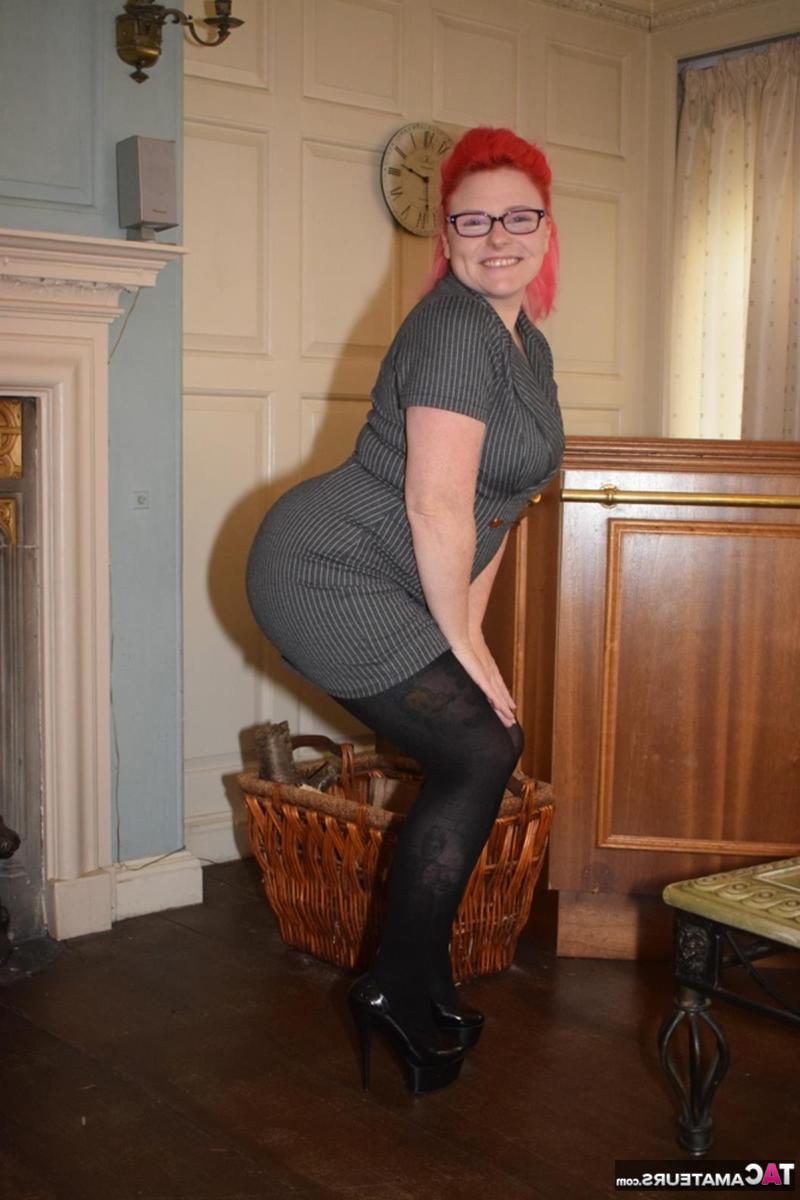 16P Overweight redhead gets naked while wearing glasses and crotchless pantyhose