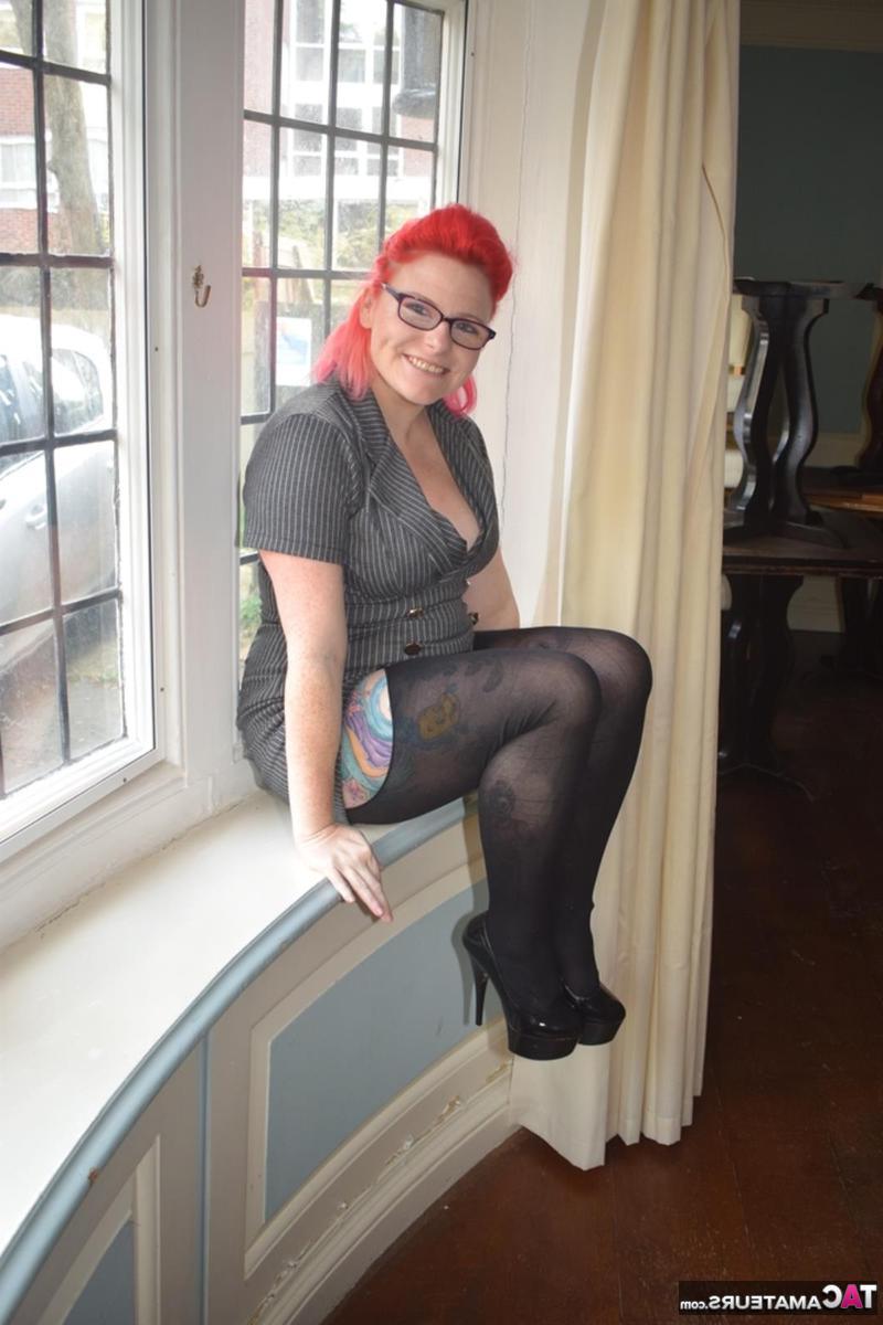 16P Overweight redhead gets naked while wearing glasses and crotchless pantyhose