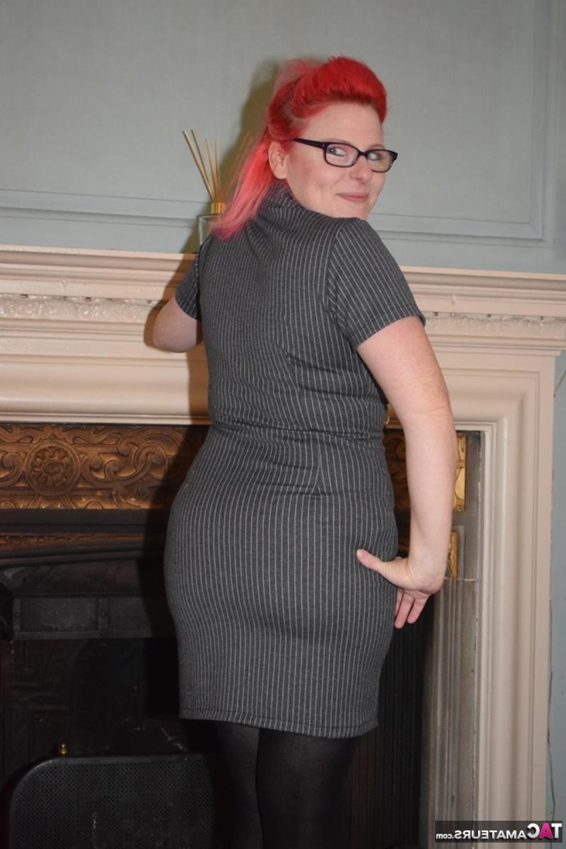 16P Overweight redhead gets naked while wearing glasses and crotchless pantyhose
