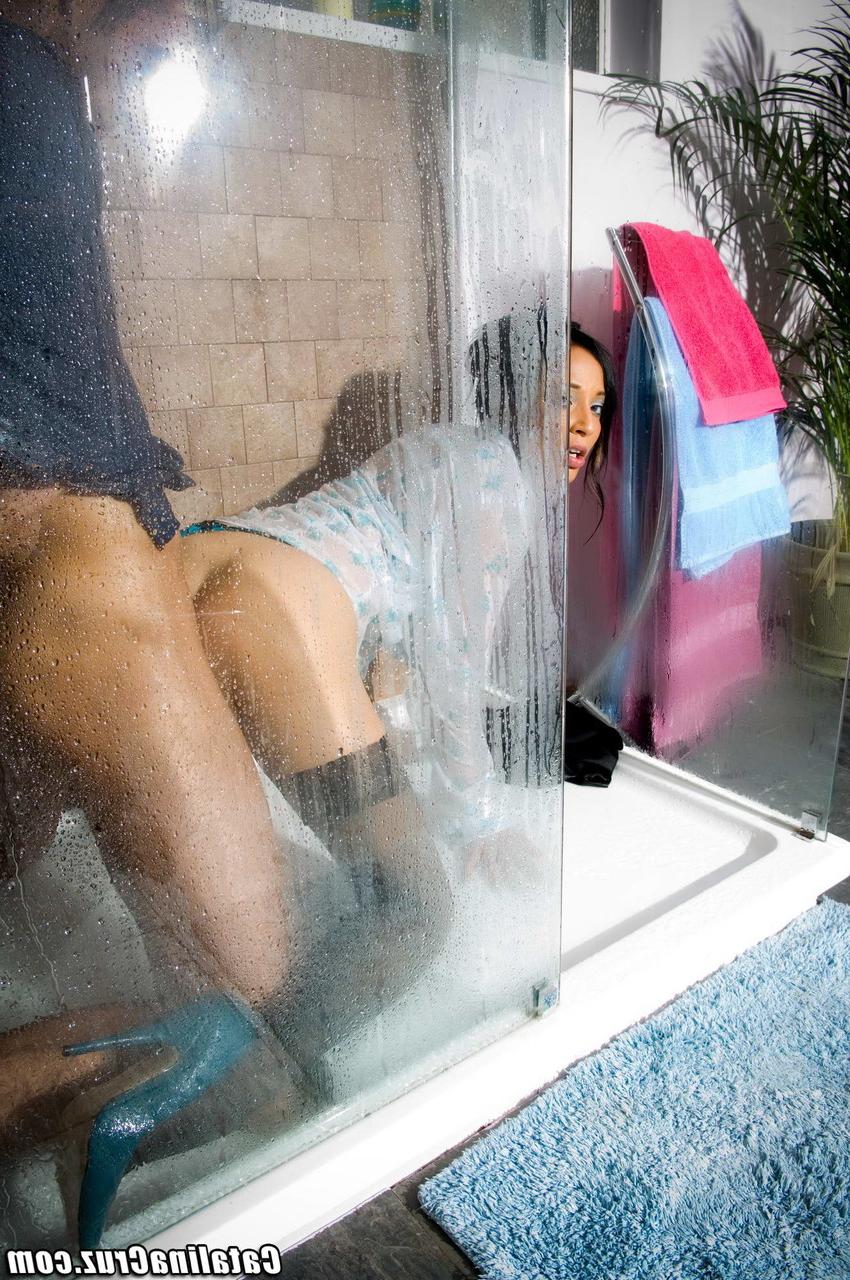 20P A estrela pornográfica de cabelos negros Romana Ryder sendo fodida em estilo cachorrinho no chuveiro