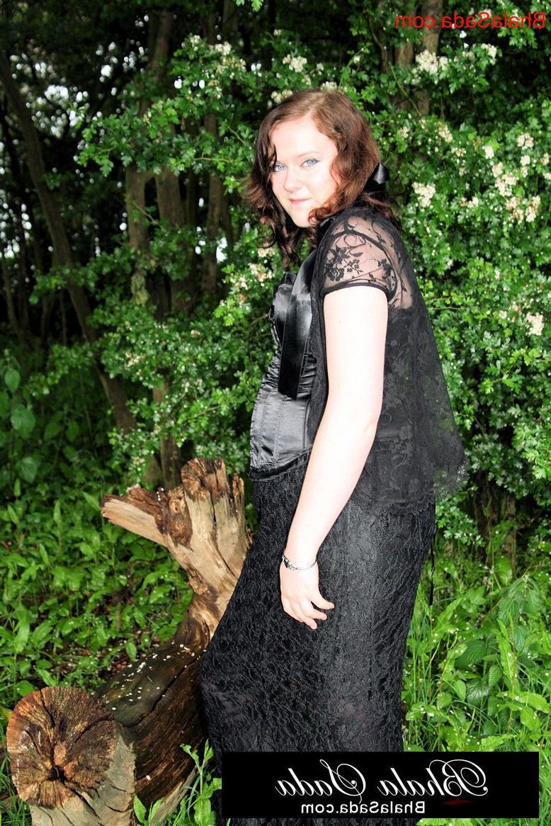 15P Chubby brunette MILF posing in an attractive satin and lace outfit in nature