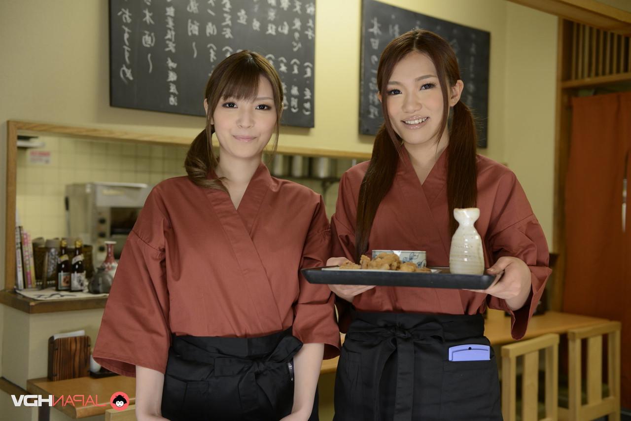 15P Japanese waitresses Kyoka Makimura and Sakura Aoi go topless at work