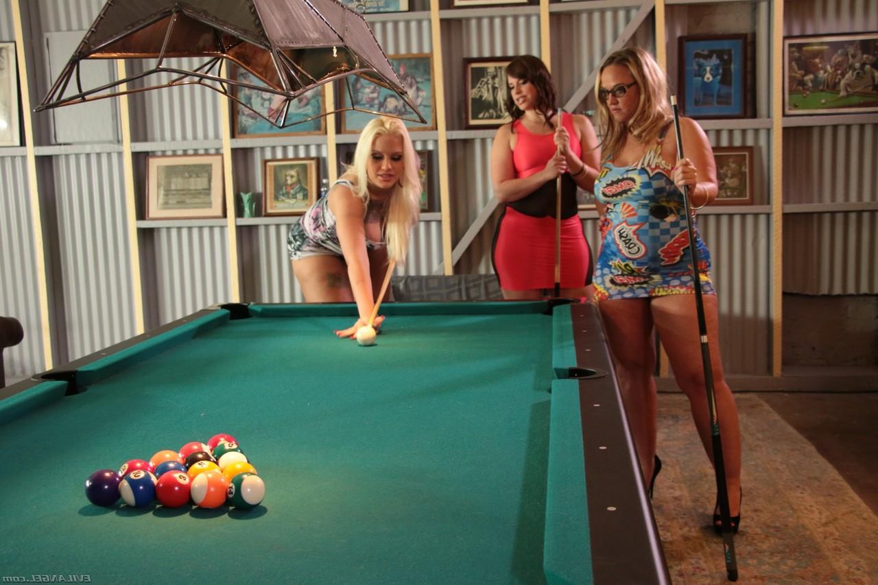 20P Three curvy MILFs with big tits toy each other's clam after a billiard game