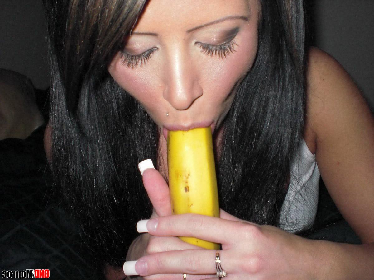 12P Brunette amateur sucks on a banana before showing her tits and ass