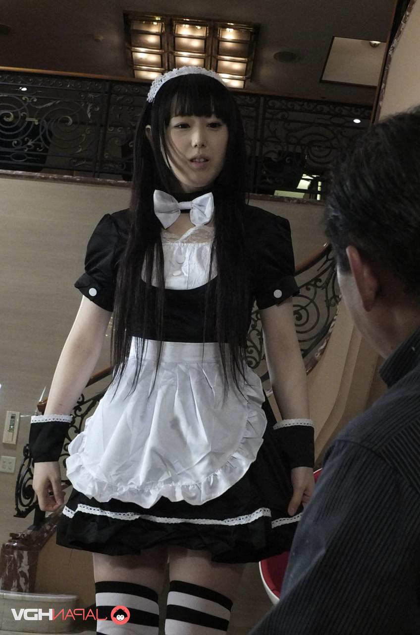 15P Adorable Japanese maid Machiko Ono gets some help while playing with her pussy