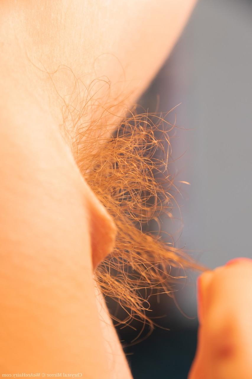 20P Slender Ukrainian Chrystal Mirror strips & unveils her big tits & hairy body