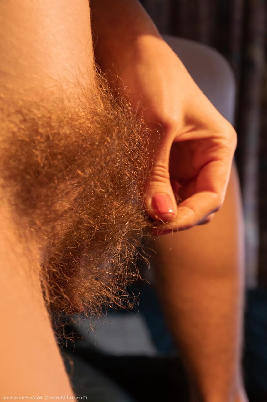 20P Slender Ukrainian Chrystal Mirror strips & unveils her big tits & hairy body