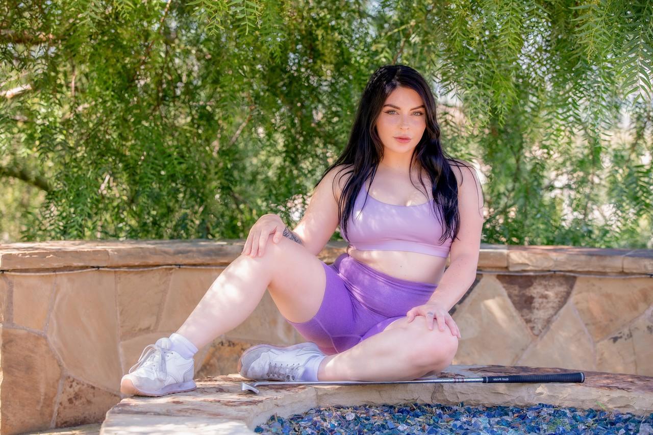 12P Hot brunette Keira Croft models spandex shorts before having sex