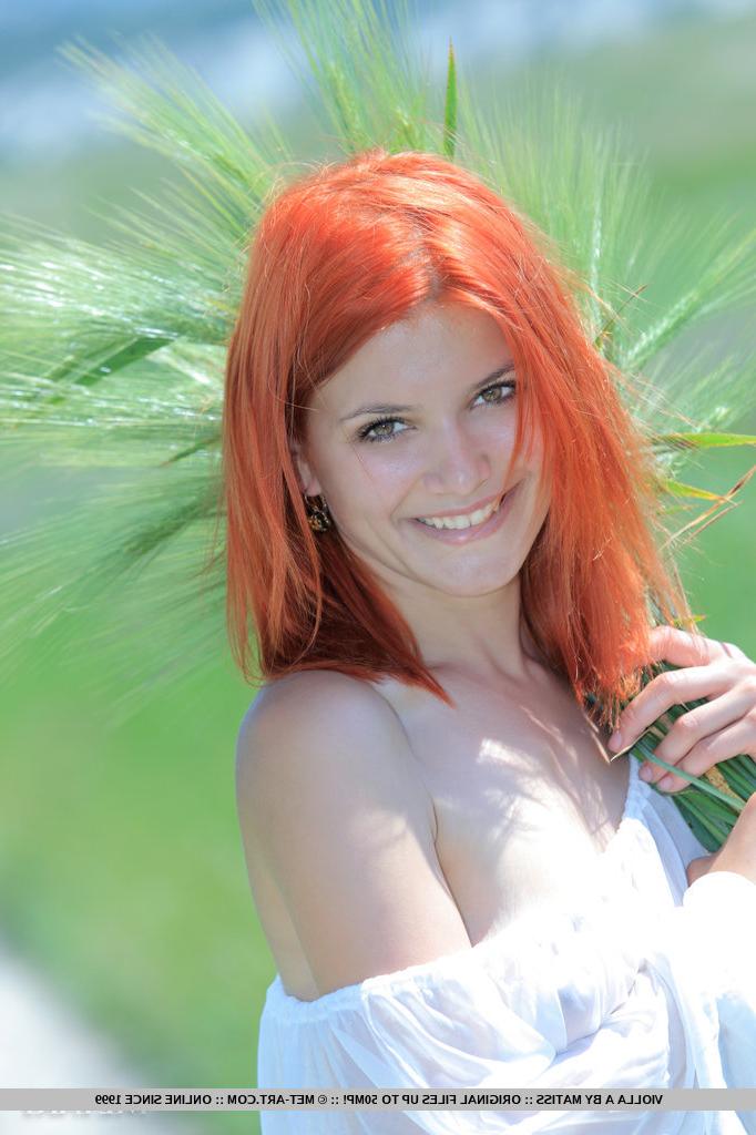 18P Pale redhead Violla A spreads legs to bare hot shaved teen pussy outdoors