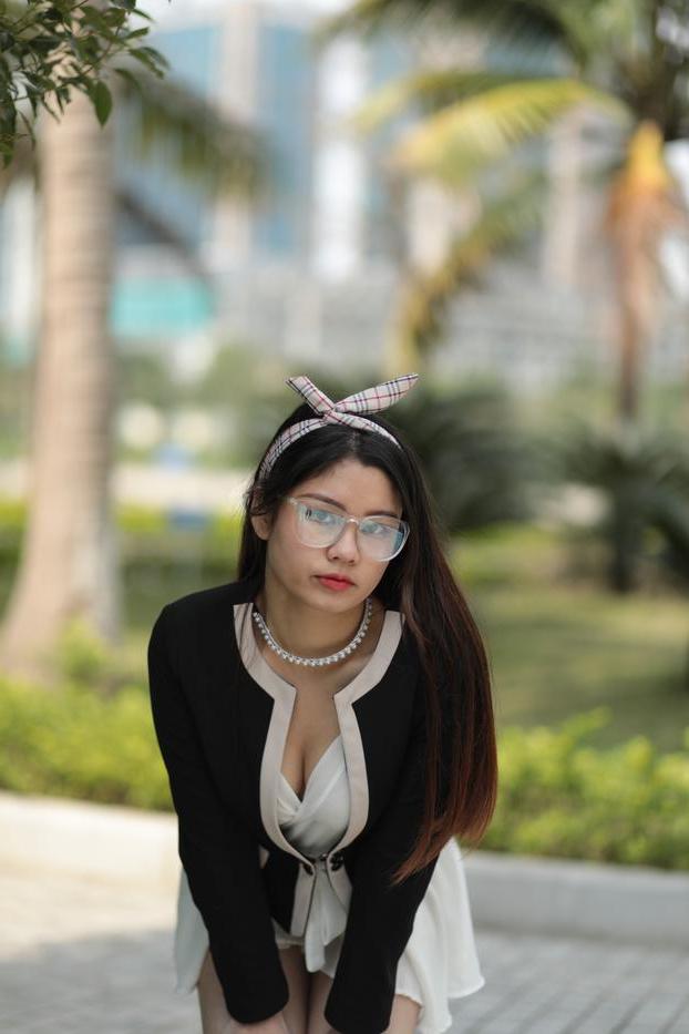 20P Beautiful Asian babe with glasses Natalia posing in her cute outfit in public