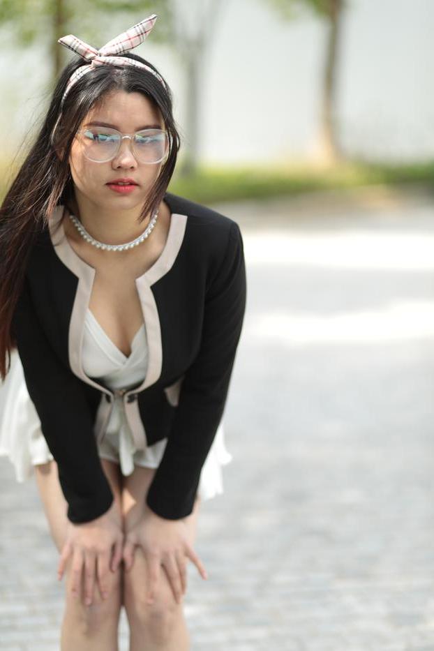 20P Beautiful Asian babe with glasses Natalia posing in her cute outfit in public