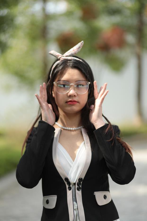 20P Beautiful Asian babe with glasses Natalia posing in her cute outfit in public