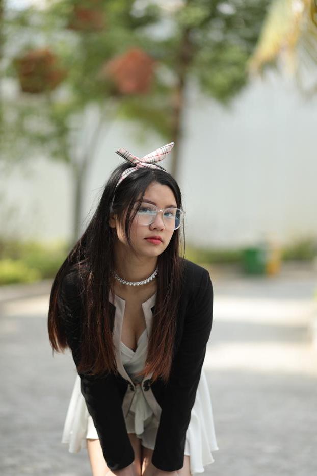 20P Beautiful Asian babe with glasses Natalia posing in her cute outfit in public