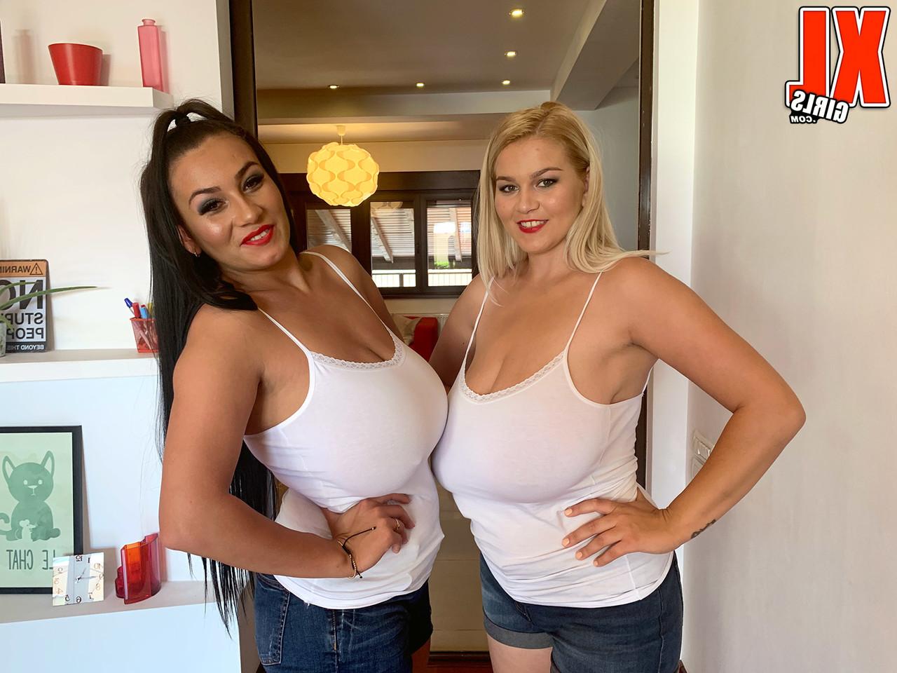 16P The Star sisters play with each others massive tits in denim shorts