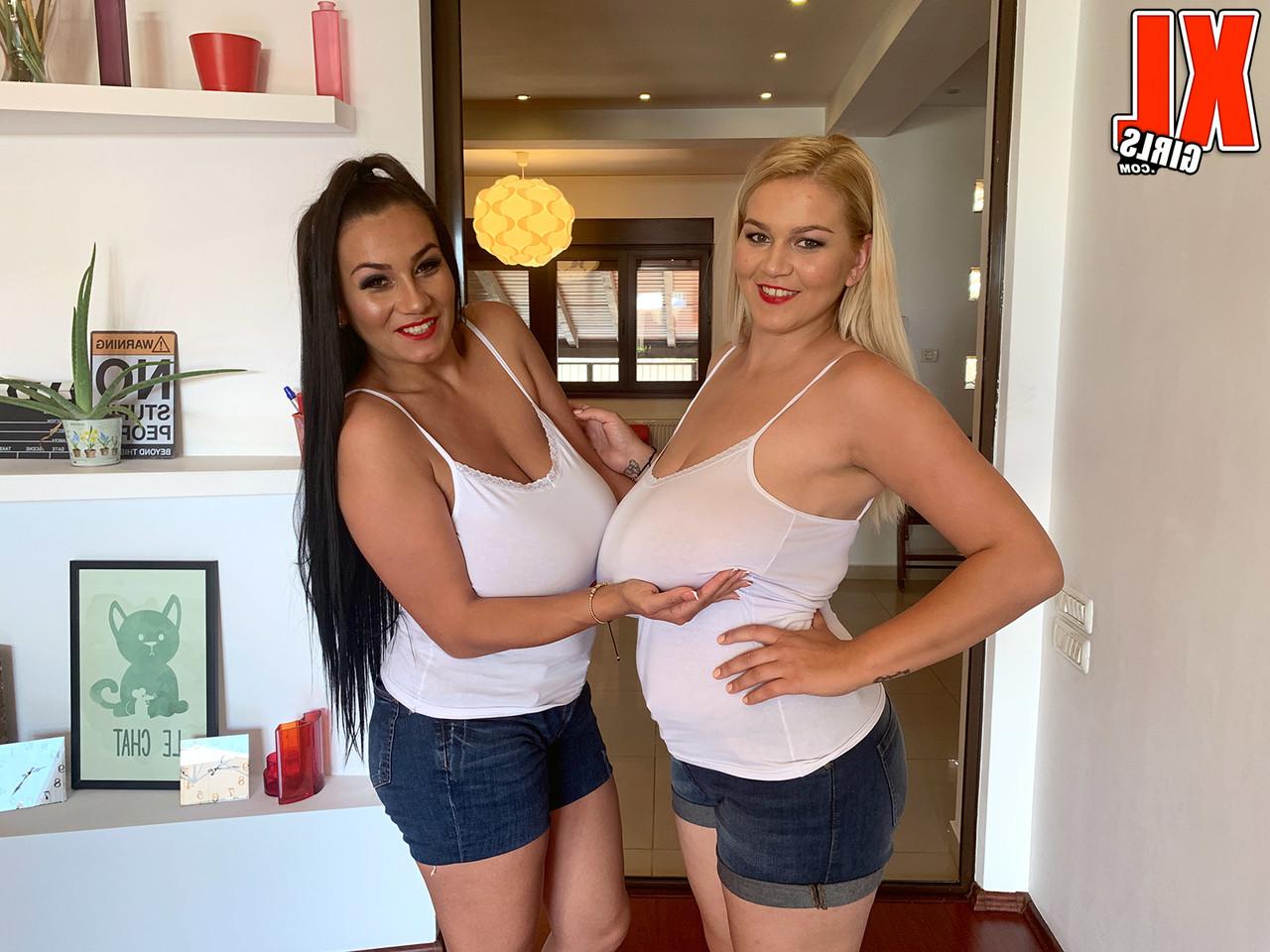 16P The Star sisters play with each others massive tits in denim shorts